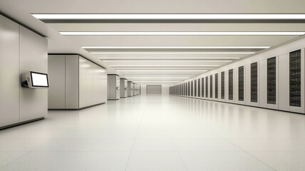 Fototapeta premium Futuristic data center, with AI technology scaling resources to process vast datasets. A spacious, modern data center featuring clean lines and advanced technology.