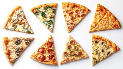Delicious Pizza Slices with Various Toppings on White Background