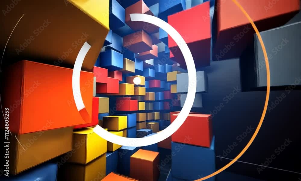 Poster motion through cubic geometrical 3d coloful artistic space with white circle figure rotation for mod