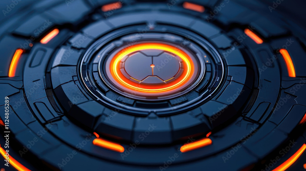Poster futuristic design featuring an intricate circular pattern with glowing orange elements on a sleek bl