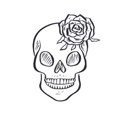 Hand drawn black and white sketchy floral human skull isolated on white background. Doodle skeleton head with rose flower tattoo design.