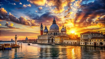 Fototapeta premium Breathtaking View of Basilica di San Marco in Venice at Sunset, Showcasing Majestic Architecture and Reflections on the Water for a Dreamy Travel Experience