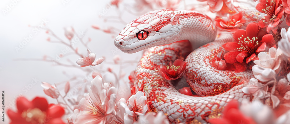 Poster artistic snake design with red and gold patterns surrounded by flowers