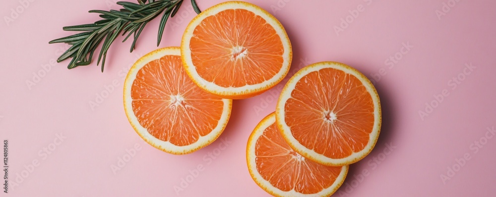 Poster orange slices and rosemary creating a vibrant and refreshing scene on pink background