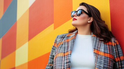 Plus Size Woman in Trendy Plaid Coat and Sunglasses