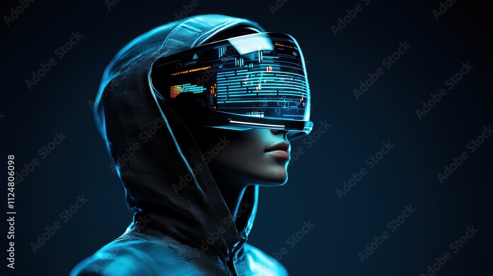 Poster hoodie-clad figure with glowing ai holographic interfaces, advanced data visualizations in cyber-the