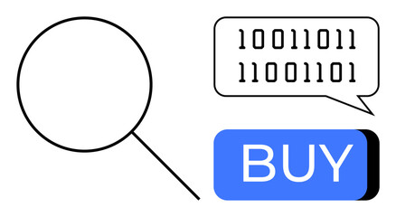 Magnifying glass, binary code in speech bubble, and blue rectangular buy button. Ideal for tech, e-commerce, online shopping, digital communication, internet security, programming, web design