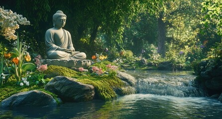 A serene scene of a Buddha statue meditating on mossy rocks in a lush green forest, with sunlight filtering through the leaves, creating gentle shadows and highlights.