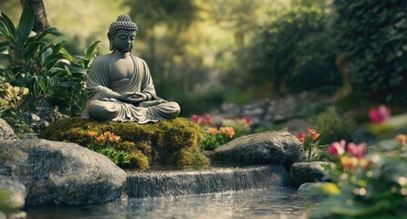A serene scene of a Buddha statue meditating on mossy rocks in a lush green forest, with sunlight filtering through the leaves, creating gentle shadows and highlights.