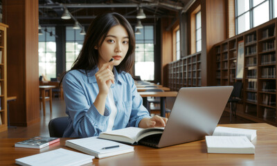 Fototapeta premium focused Asian university student studies in library, surrounded by books and laptop. She holds pen thoughtfully, reflecting her dedication to learning