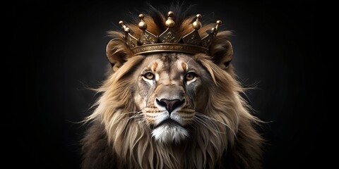 Majestic lion wearing a crown against a black matte background representing power and nobility © Anelya