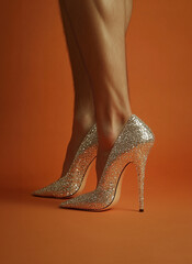 hairy legs wearing silver glitter stiletto heel shoes isolated on plain color studio background, from side angle