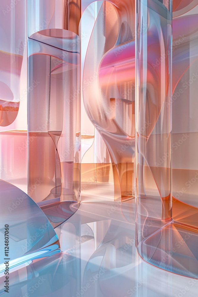 Poster brightly colored glass forms interact with light, casting reflections and shadows. the transparent m