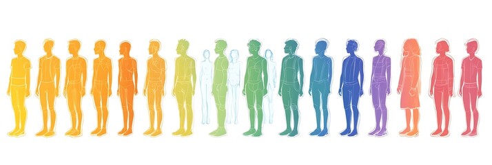 Vector banner of a diverse group of people, silhouettes in rainbow colors, womens day concept