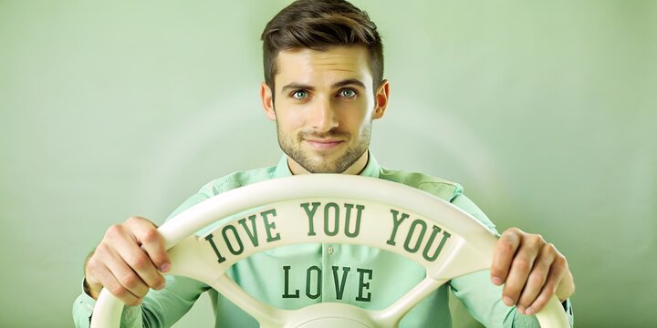 Man enjoying a drive while holding a steering wheel with affectionate words in a light atmosphere