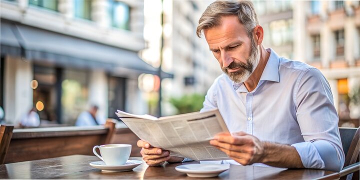 Man seated at a cafe table reading a newspaper while enjoying a cup of coffee in a bustling urban setting - Powered by Adobe