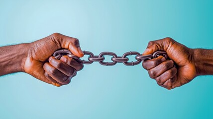 Legal rights concept art, showing a person breaking chains symbolizing freedom and justice.