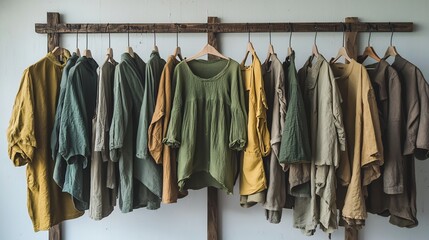 Hanging Casual Clothing on Wooden Rack in Minimalist Studio Setup