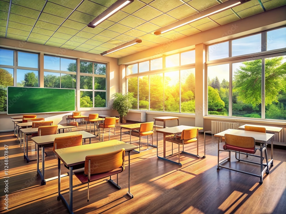 Poster bright and inviting empty classroom with large windows and blackboard bathed in sunshine for educati