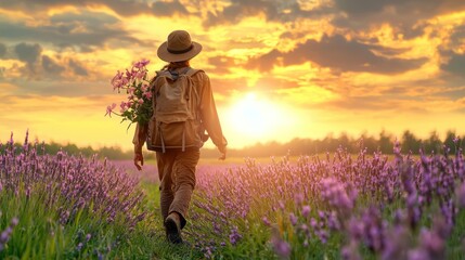 Fototapeta premium A person walks through a vibrant lavender field at sunset, carrying a bouquet, with a serene atmosphere and golden skies.