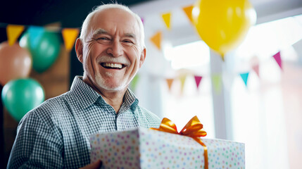 A joyful elderly man laughs heartily while holding a beautifully wrapped gift, surrounded by vibrant party decorations