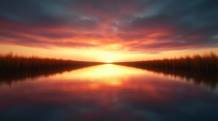 Serene Sunset Reflection Over Calm Water and Grass