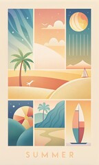 Obraz premium Colorful summer design template featuring beach scenes, tropical elements, and a vibrant sunset illustration