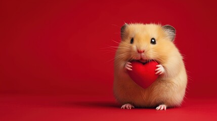 Adorable Hamster Holding Heart on Red Background