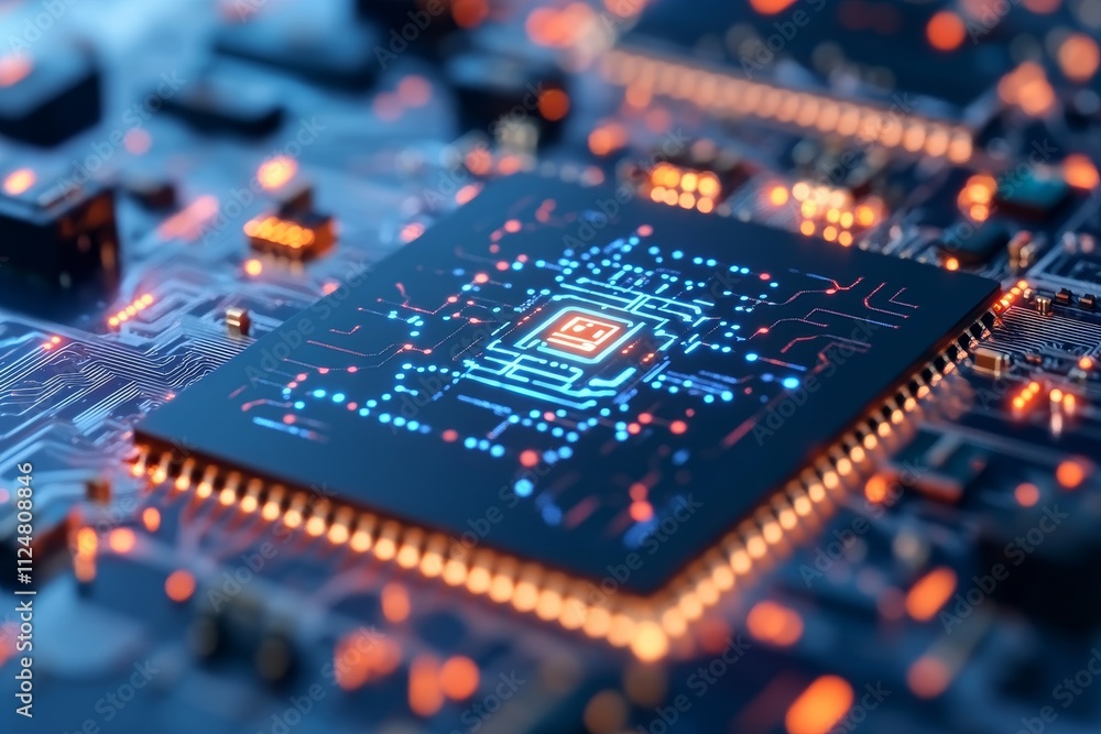 Aufkleber futuristic microchip illuminated with glowing circuits on a dark circuit board