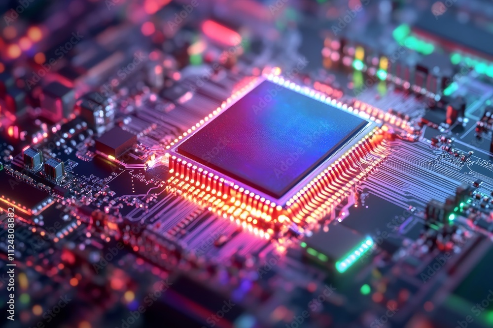 Aufkleber colorful close-up of a microprocessor on a circuit board illuminated by bright led lights