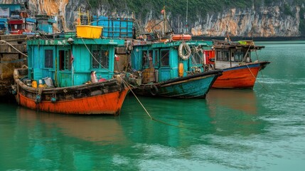 Obraz premium Colorful fishing boats anchored in serene waters, surrounded by steep cliffs, showcasing a vibrant maritime scene.