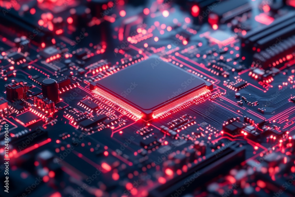 Poster brightly lit circuit board with microprocessor glowing in vibrant red hues at close range