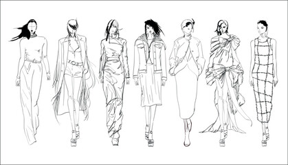 Beautiful young girl in stylish clothes. Fashion woman look. Sale concept. Hand-drawn fashion illustration. Cute girl in fashion clothes. 