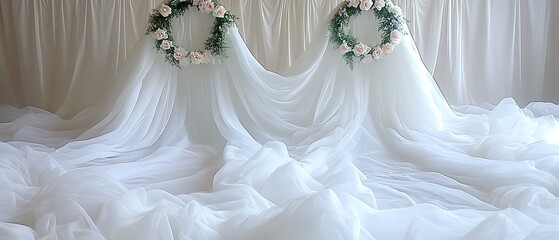 Fototapeta premium Romantic Wedding Backdrop: Elegant Sheer Fabric Drape with Floral Wreaths 