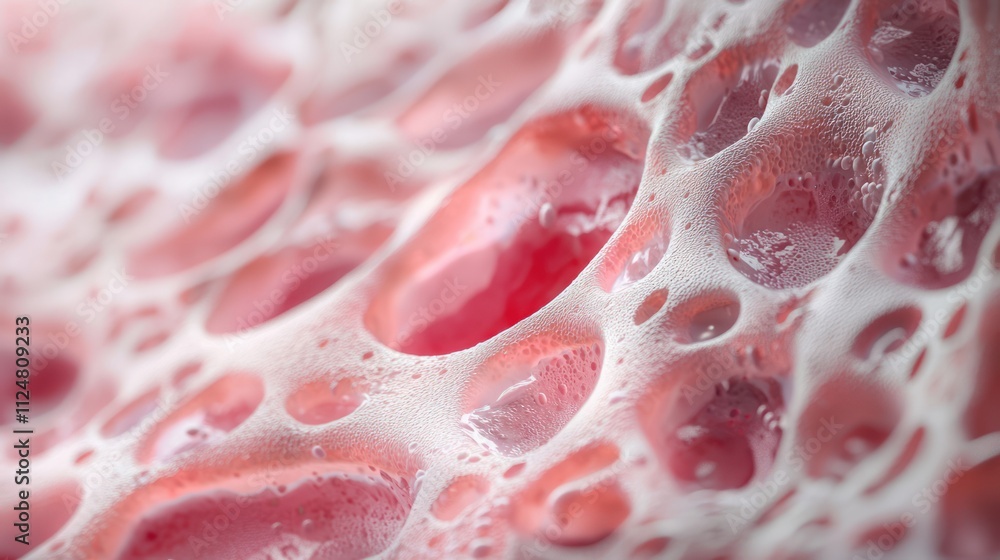 Poster a close-up view of a textured surface featuring bubbles and organic patterns in shades of pink and w