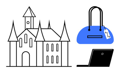 Obraz premium Castle with tall spires, blue handbag with a tag, and a black laptop. Ideal for luxury living, shopping, work-life balance, travel, success fashion dream homes. Line metaphor
