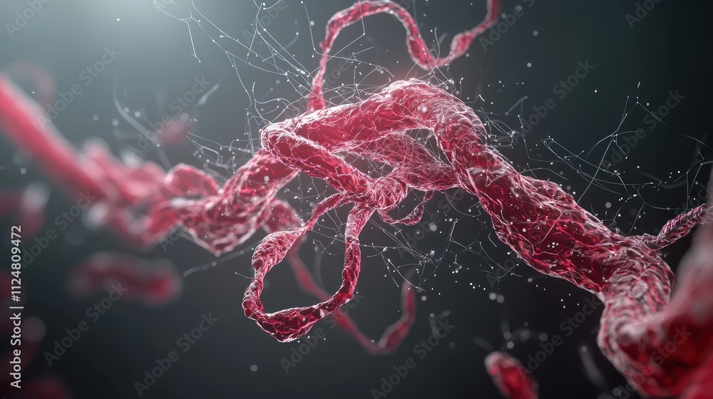 Aufkleber a close-up view of intricate, red strands resembling microscopic structures, illuminated against a d