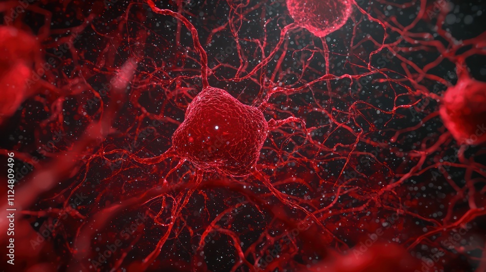 Poster a vibrant depiction of interconnected red cells, showcasing intricate details of a network resemblin
