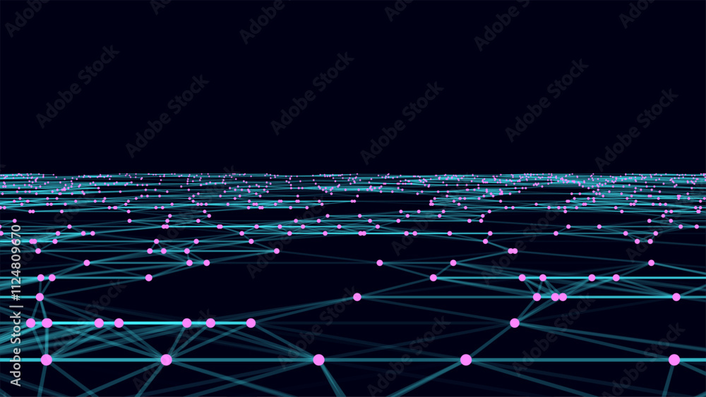 Poster abstract vector perspective grid. digital background in retro style. wireframe wave landscape on blu