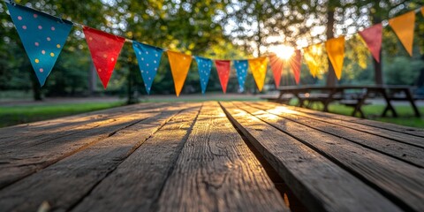 Obraz premium Wooden Table with Colorful Festival Flags in a Sunlit Park