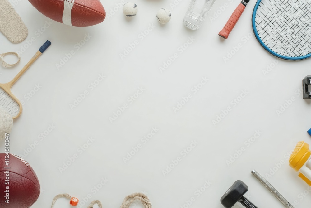 Aufkleber various sports items including a football, tennis racket, and dumbbell are neatly arranged, leaving 