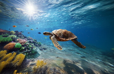 Obraz premium Realistic turtles and fish in colorful underwater coral scene