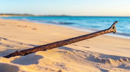 Ancient harpoon resting on sandy beach, partially buried with weathered wooden handle and rusted metal tip, evoking historical maritime heritage and archaeological significance
