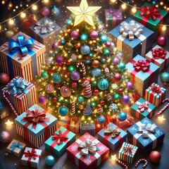 Festive Christmas Tree Surrounded by Gifts
