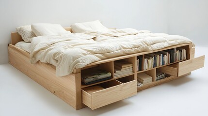 Minimalist Wooden Bed Frame with Built in Shelves and Drawers for Cozy Bedroom Storage and Comfort