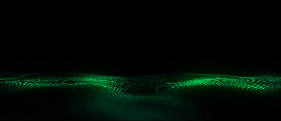 Abstract futuristic wave with moving dots. Flow of colored particles and lines. Cyber technology illustration. Big data visualization. 3d rendering