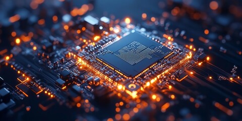 Close-up view of a microprocessor with glowing circuits on a dark background highlighting technology in modern electronics