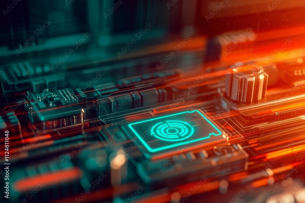 Poster futuristic circuitry displaying glowing patterns and intricate designs in vibrant orange and blue hu