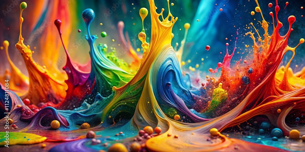 Poster bright splashes of multicolored acrylic paint create a vibrant explosion of color on a textured canv
