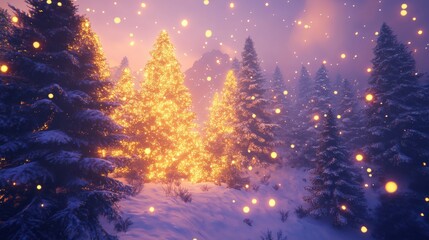 Fototapeta premium Illuminated Christmas trees in a snowy mountain forest at twilight.